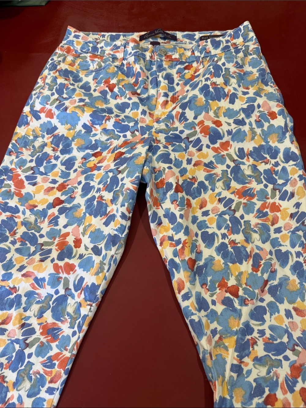 Gloria Vanderbilt White Slim Floral Pants with Blue, Yellow & Coral Print